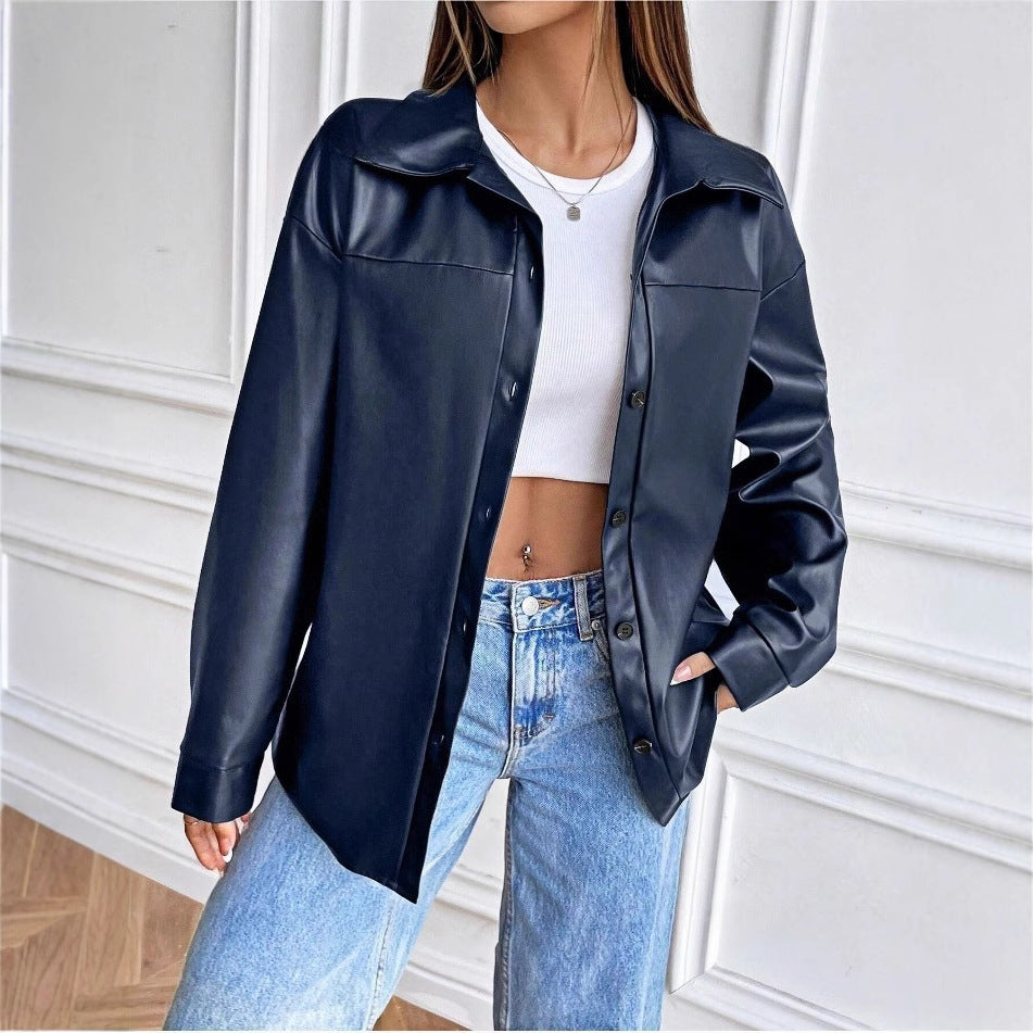 Damen modische Kunstlederjacke im schicken Oversized-Stil EB