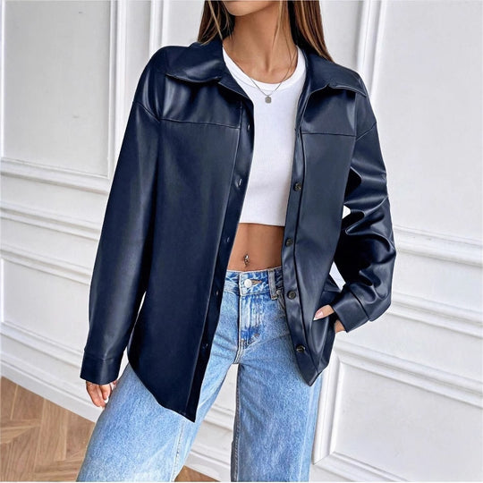 Damen modische Kunstlederjacke im schicken Oversized-Stil EB