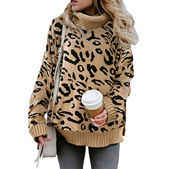 Damen Oversized Strickpullover mit Leopardenmuster und hohem Kragen EB