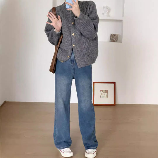 Damen Gemusterte Strickjacke mit goldenen Knöpfen und weitem Schnitt EB