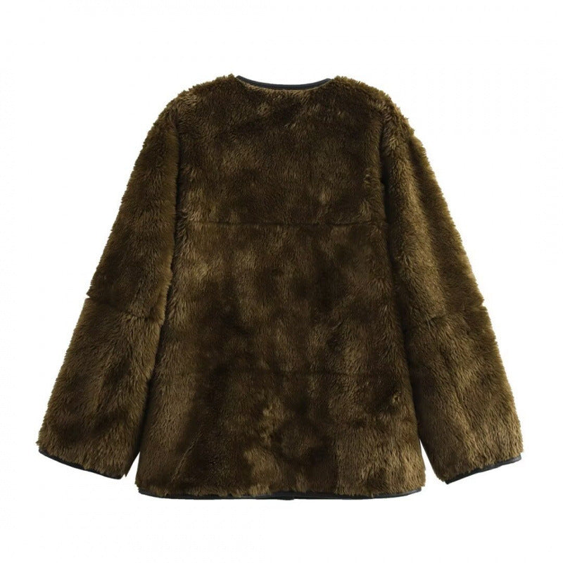 Damen Teddyjacke mit kontrastierenden Taschen und Knopfdetails EB