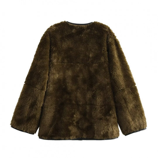 Damen Teddyjacke mit kontrastierenden Taschen und Knopfdetails EB