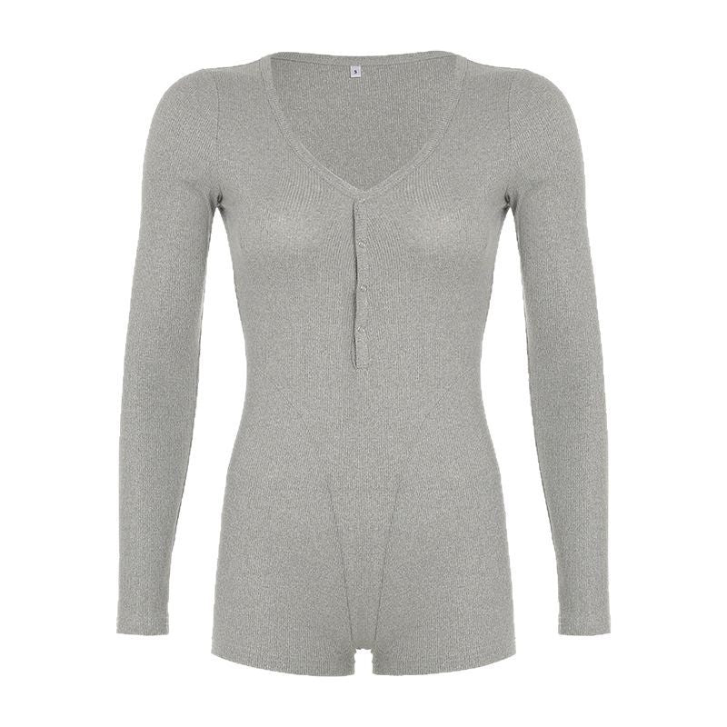 Damen Langarm-Bodysuit mit V-Ausschnitt und Knopfleiste EB
