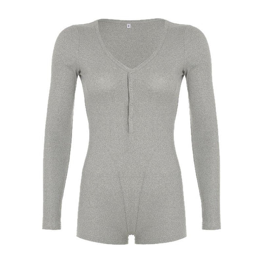 Damen Langarm-Bodysuit mit V-Ausschnitt und Knopfleiste EB