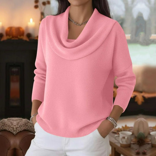 Damen Lässiger Schalkragen-Feinstrickpullover mit überschnittener Schulter und geripptem Saum EB