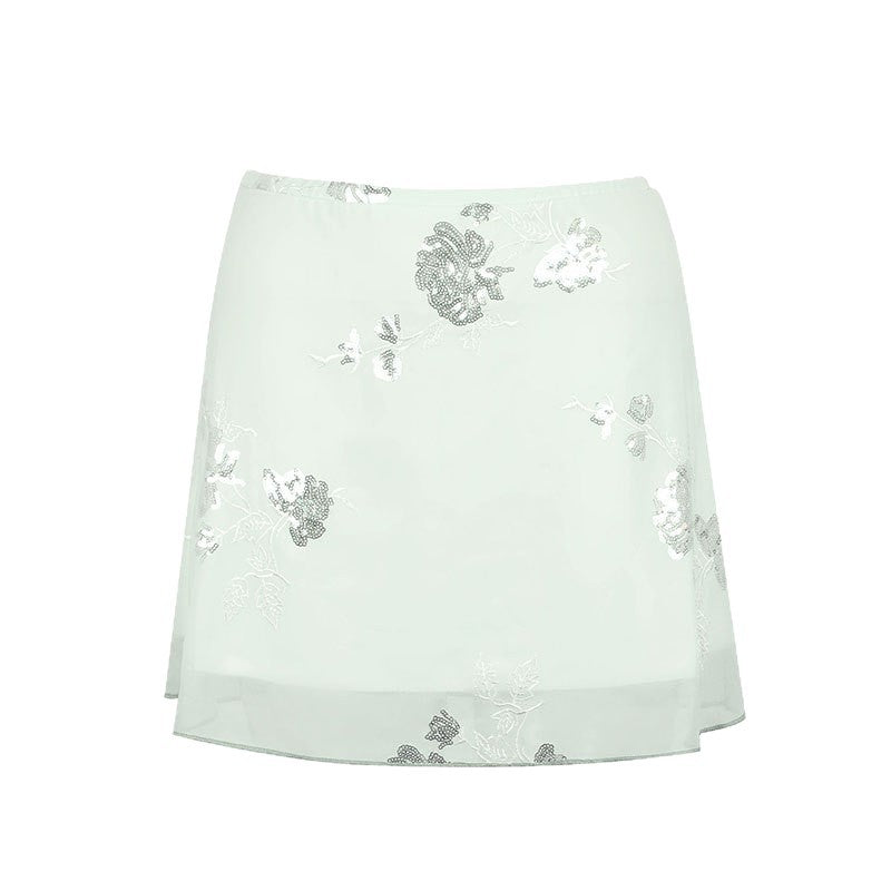 Damen transparenter Rock mit floralem Design und glitzernden Akzenten EB