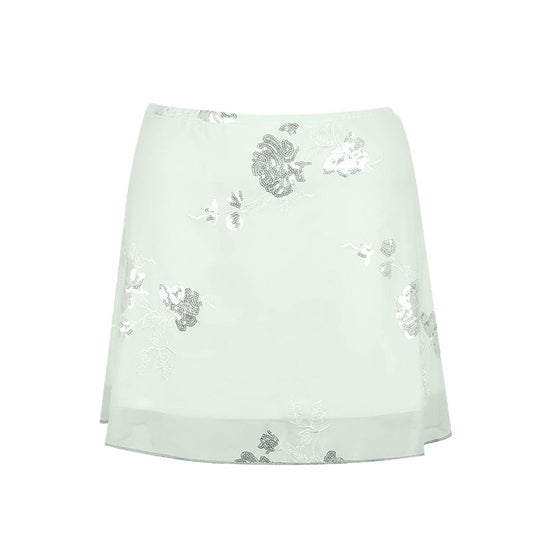 Damen transparenter Rock mit floralem Design und glitzernden Akzenten EB