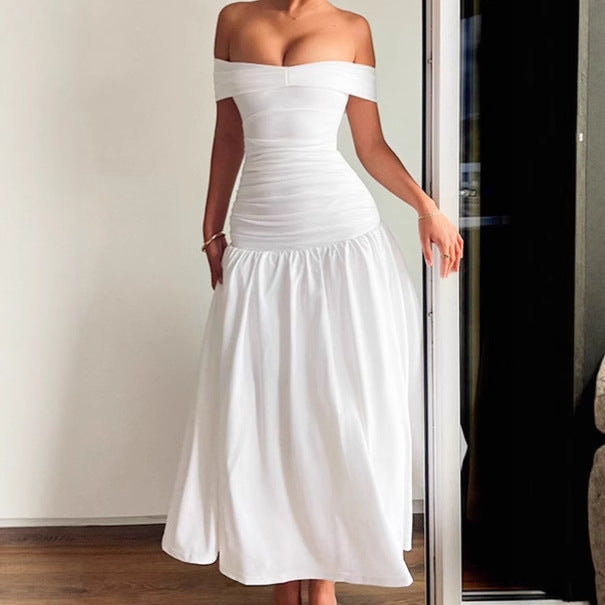 Damen Hochwertiges Off-Shoulder Maxikleid mit tailliertem Schnitt und fließendem Rock EB