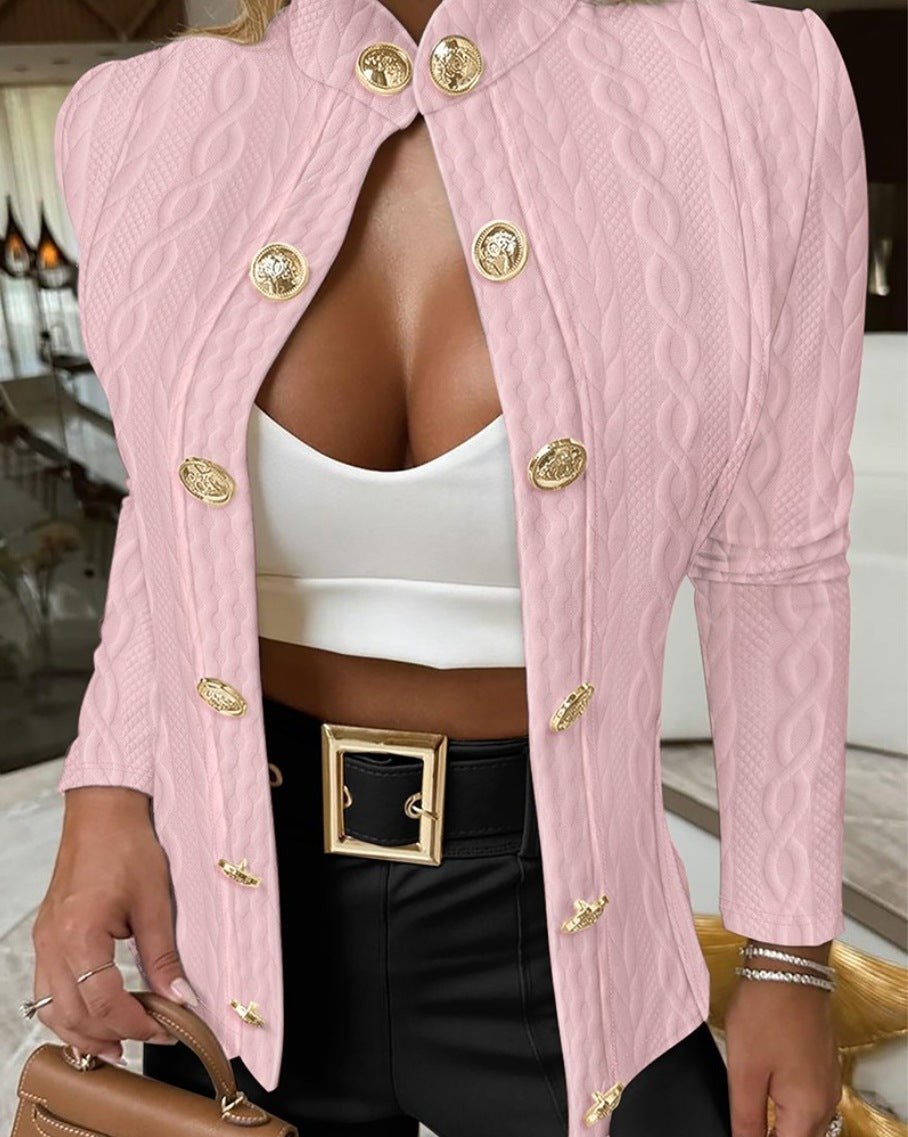 Damen Eleganter Strickblazer mit goldenen Knöpfen und Stehkragen EB