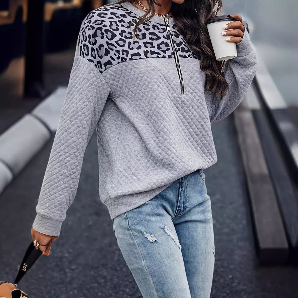 Damen lässiger Sweatpullover mit Tiermuster und Reißverschluss EB