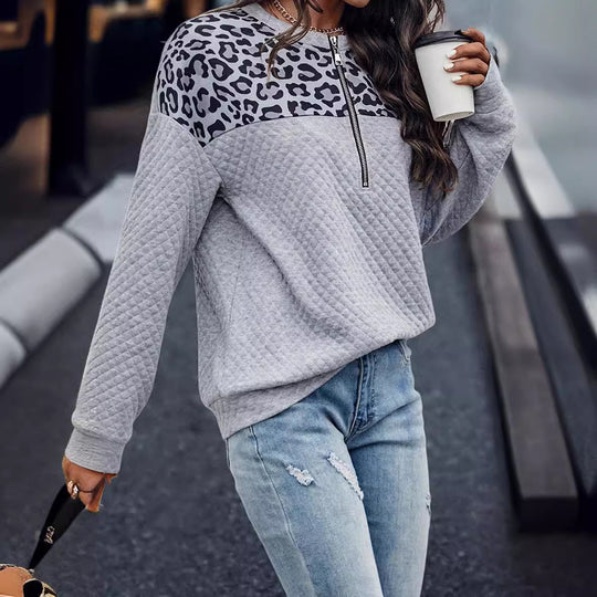 Damen lässiger Sweatpullover mit Tiermuster und Reißverschluss EB