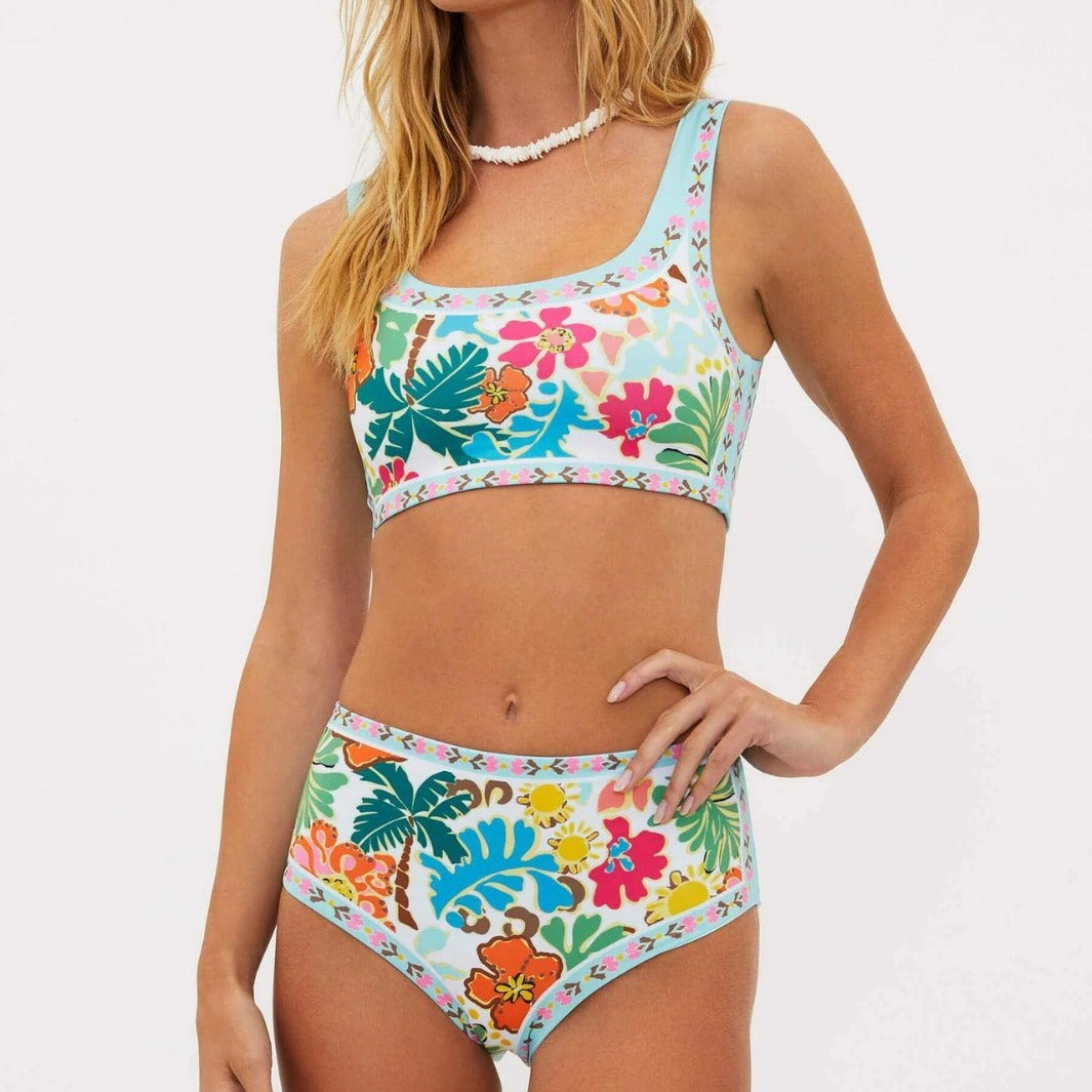 Damen Zweiteiliges Bademode-Set mit hohem Bund und floralem Design EB