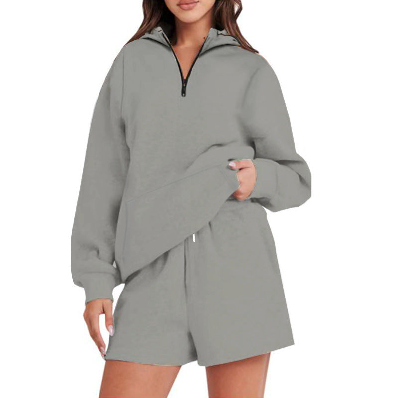 Damen Lässiger Kapuzenpullover mit kurzem Reißverschluss und praktischen Taschen EB