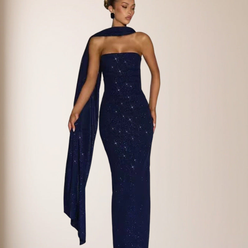 Damen elegantes Abendkleid mit schimmernden Pailletten und schulterfreiem Design EB