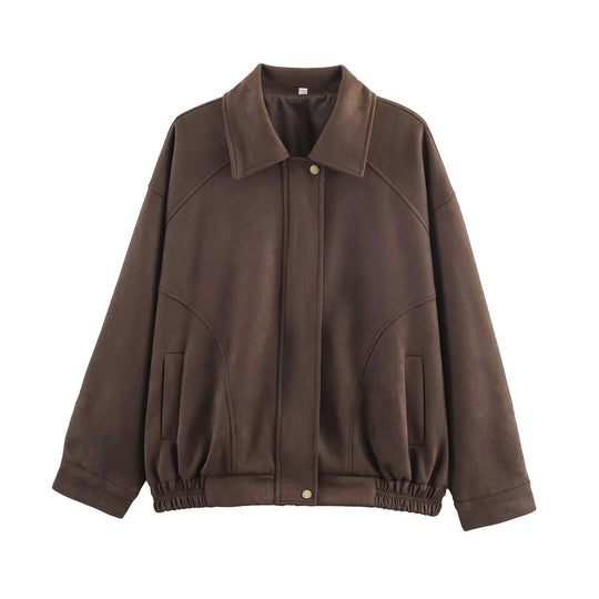 Damen nan oversized Velours-Bomberjacke mit Hemdkragen, verdeckter Druckknopfleiste und elastischem Saum EB