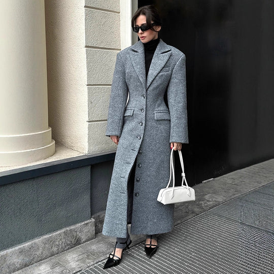 Damen eleganter Wollmantel mit strukturiertem Design und praktischen Taschen EB