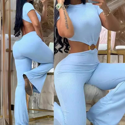 Damen cropped Oberteil mit hochtaillierter Hose im Ripp-Design EB