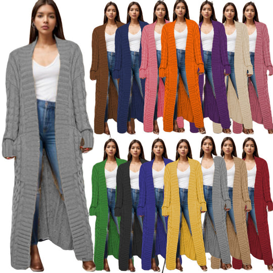 Damen Langer Strickcardigan mit raffiniertem Zopfdesign und praktischen Taschen EB