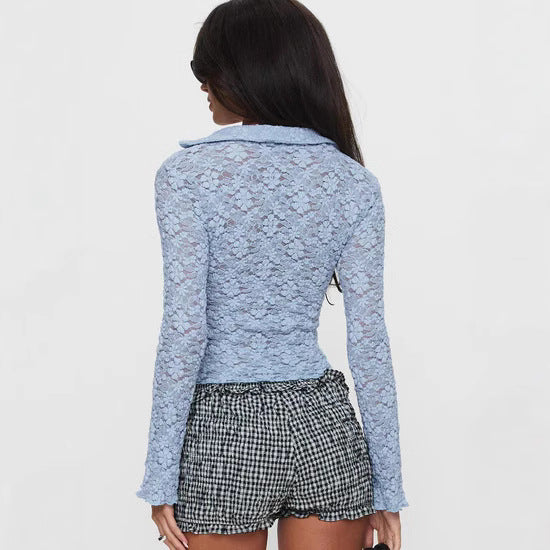 Damen Spitzenbluse mit V-Ausschnitt und floralen Details EB