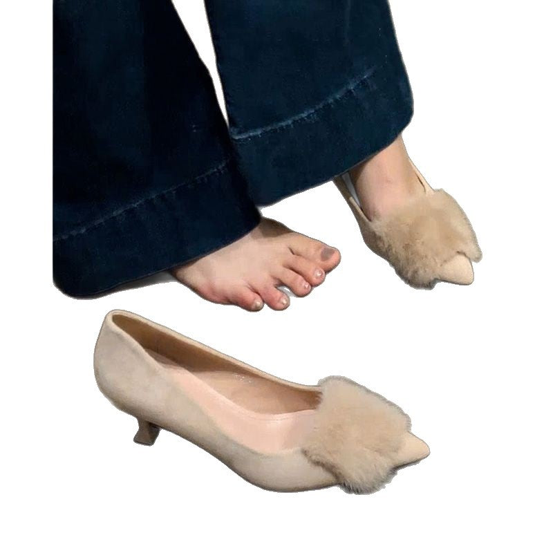 Damen elegante High Heel Pumps mit luxuriösem Fellbesatz EB
