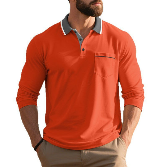Herren nan langärmeliges Polohemd mit Kontrastkragen, Brusttasche und feinem Baumwollstretch EB
