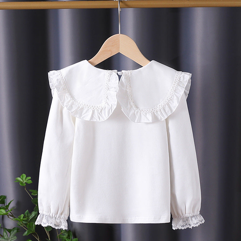 Mädchen Bluse mit rüschenverziertem Kragen und feinen Blumenapplikationen EB