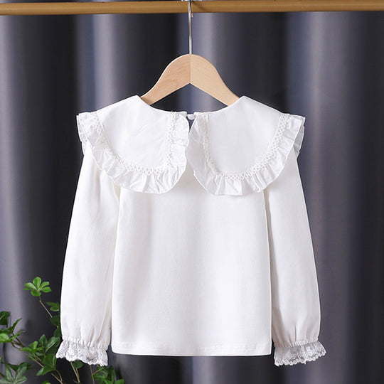 Mädchen Bluse mit rüschenverziertem Kragen und feinen Blumenapplikationen EB