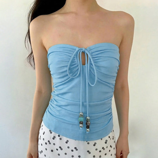 Damen Bustier-Top mit verspieltem Rüschendesign und dekorativen Bindebändern EB