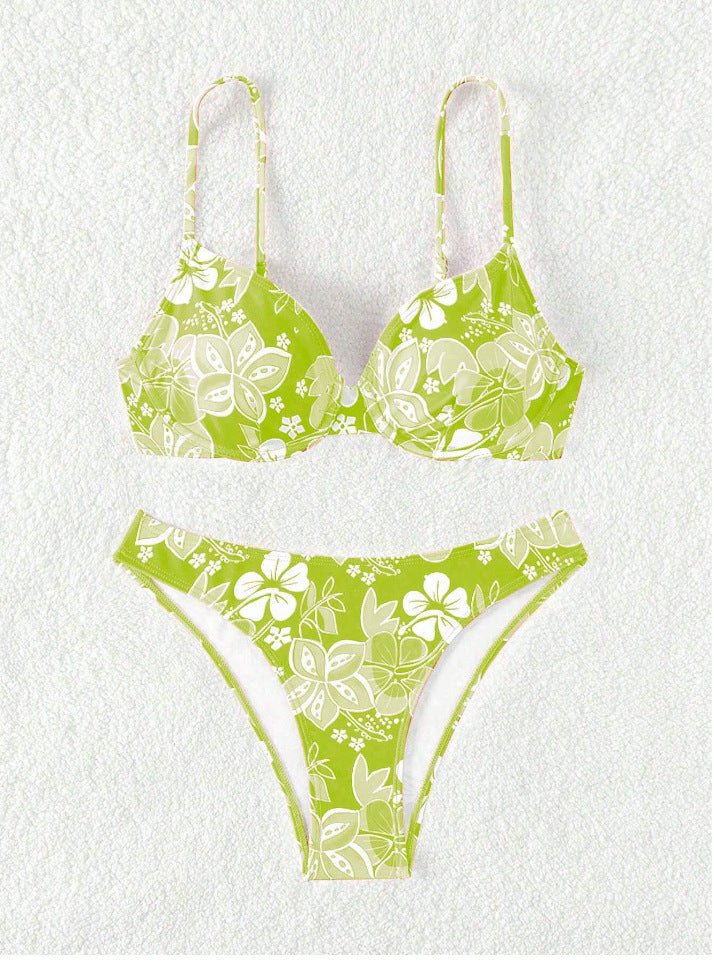 Damen gepolsterter Triangel-Bikini mit floralem Design und verstellbaren Trägern EB