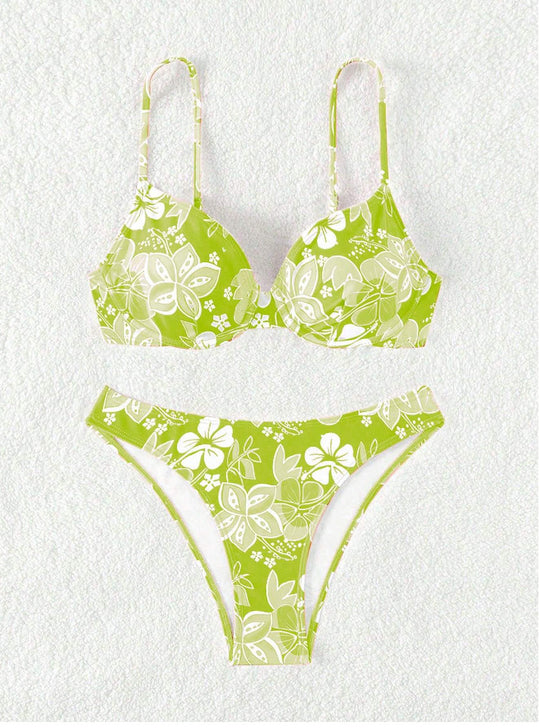 Damen gepolsterter Triangel-Bikini mit floralem Design und verstellbaren Trägern EB