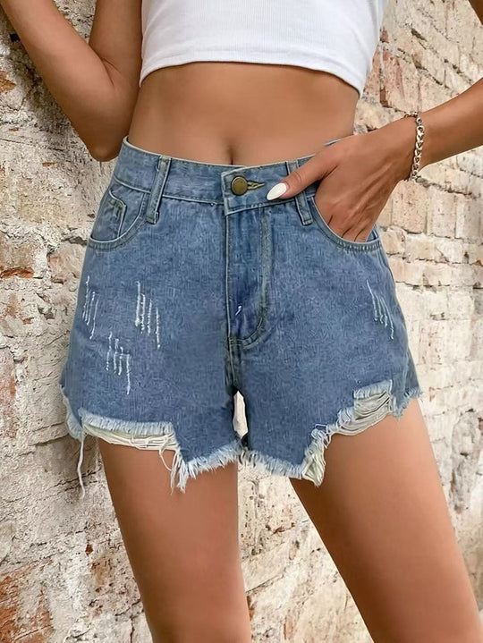 Damen modische Destroyed Denim-Shorts mit fransigem Saum EB