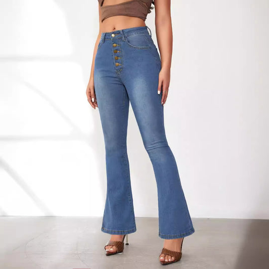 Damen Flared Jeans mit hohen Bund und modischen Knopfdetails EB