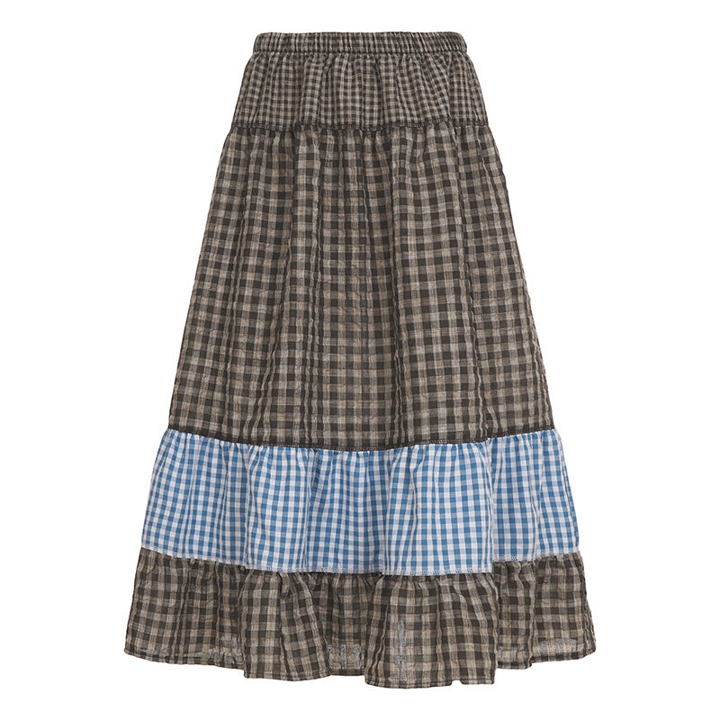 Damen nan mehrlagiger Baumwoll-Stufenrock mit elastischem Taillenbund, kontrastierendem Gingham-Band und Volant EB