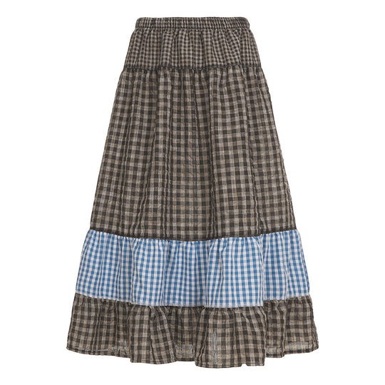 Damen nan mehrlagiger Baumwoll-Stufenrock mit elastischem Taillenbund, kontrastierendem Gingham-Band und Volant EB