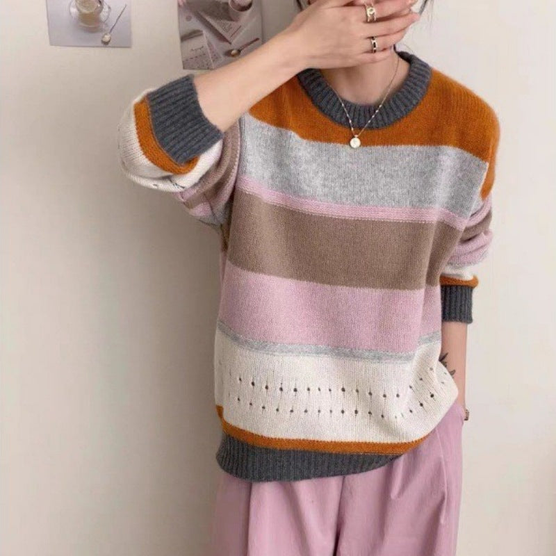 Damen Grob gestrickter Pullover mit lässigen Streifen EB