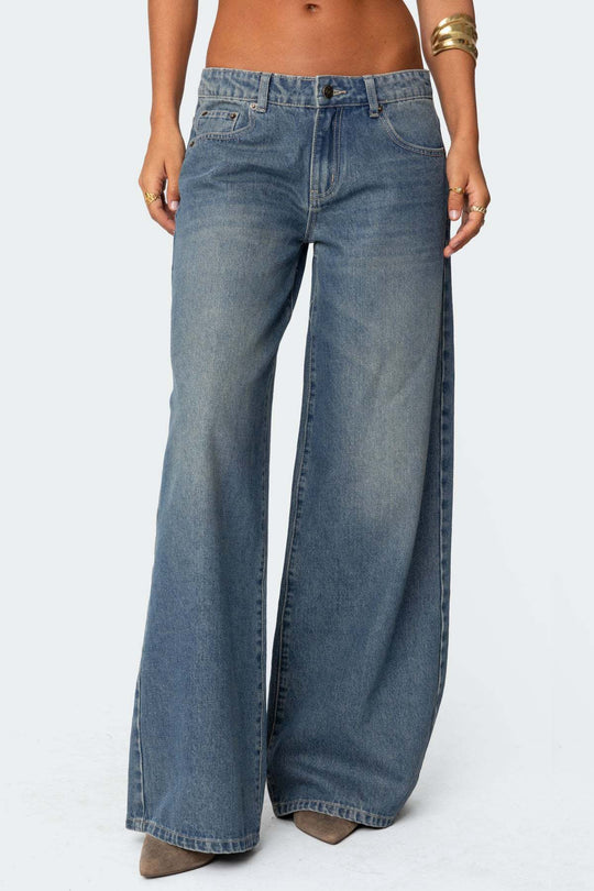 Damen Weit geschnittene Denim-Hose mit hohem Bund und modischen Details EB