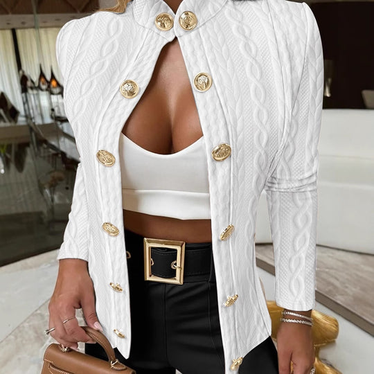 Damen Eleganter Strickblazer mit goldenen Knöpfen und Stehkragen EB