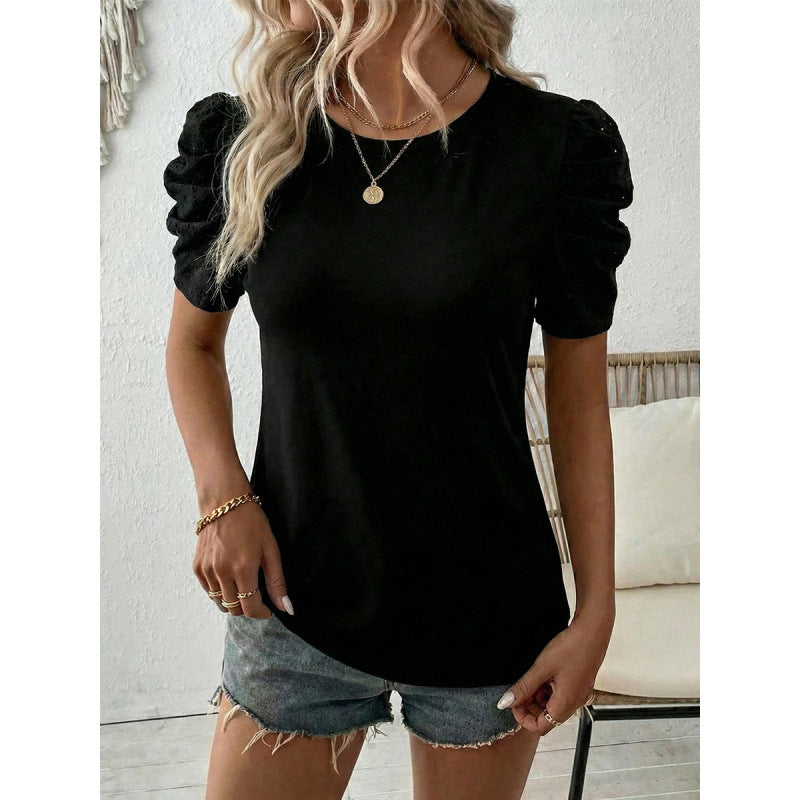 Damen T-Shirt mit Puffärmeln und Spitzenapplikationen EB