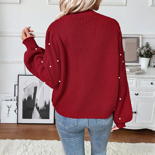 Damen Strickcardigan mit Perlenbesatz und überschnittenen Ärmeln EB