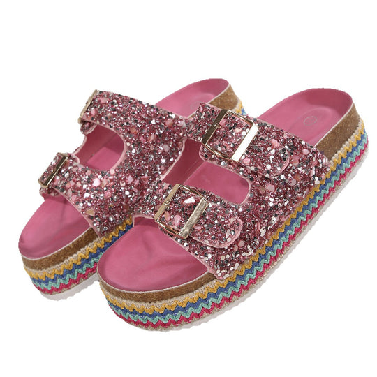 Damen Glitzernde Plateau-Sandalen mit Doppelschnalle und mehrfarbigem Boden EB