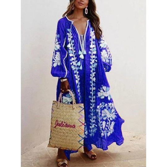 Damen Besticktes Boho-Maxikleid mit Ballonärmeln und Quastenverschluss EB