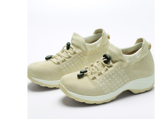 Damen gestrickte Slip-On Sneaker mit Schnellzugkordel, elastischem Schaft und stoßdämpfender Plateau-Sohle EB