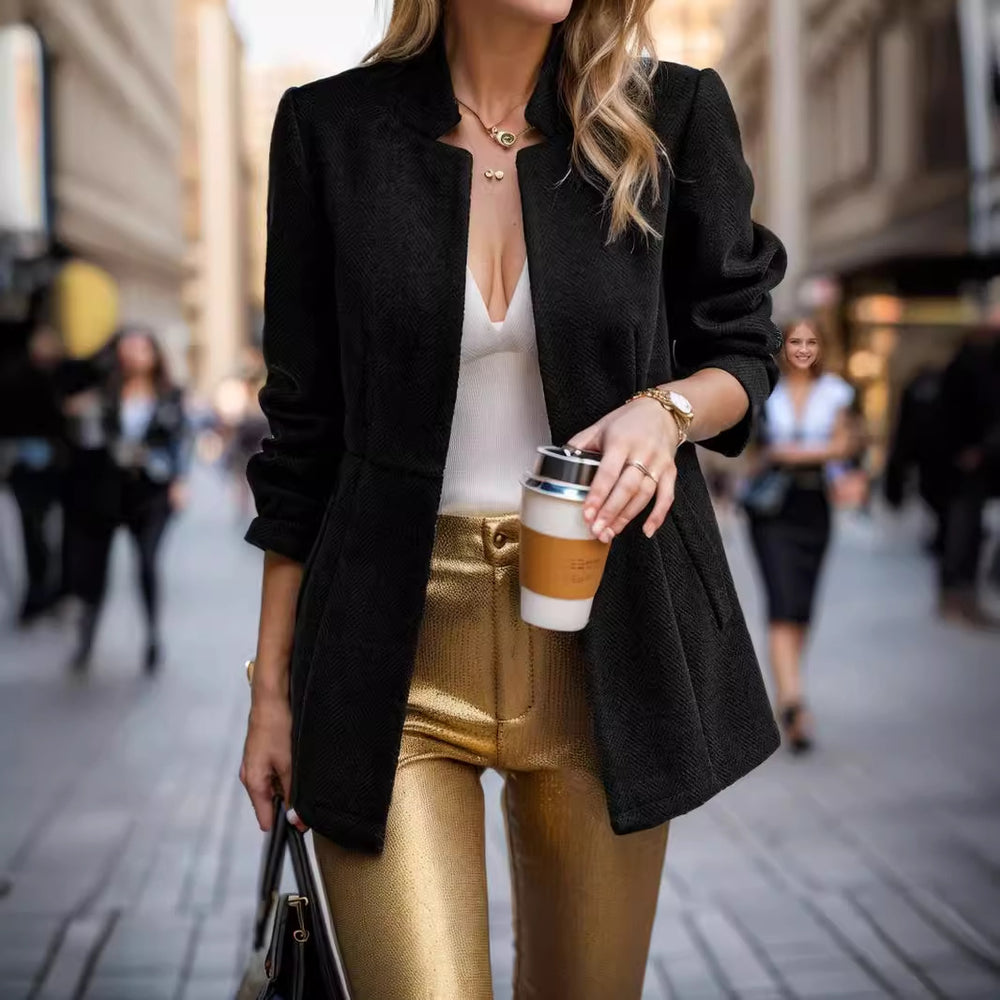 Damen eleganter Blazer im Fischgrätmuster mit taillierter Silhouette EB