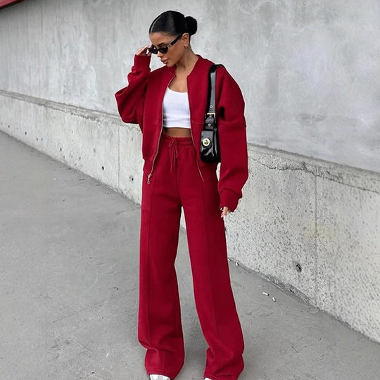 Damen nan Oversize Reißverschlussjacke mit weiter High-Waist Loungehose Set EB