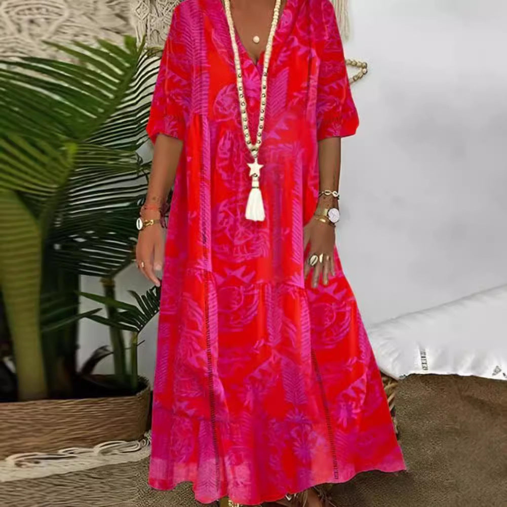 Damen elegantes Maxikleid mit floralen Motiven und V-Ausschnitt Heidi-Mode