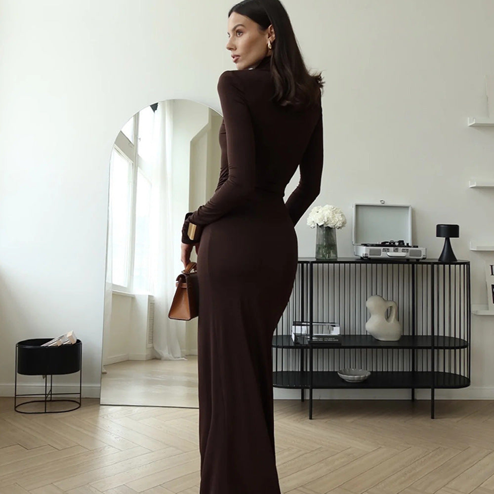 Damen Maxi-Kleid mit strukturiertem Wickeldesign und hohem Schlitz EB