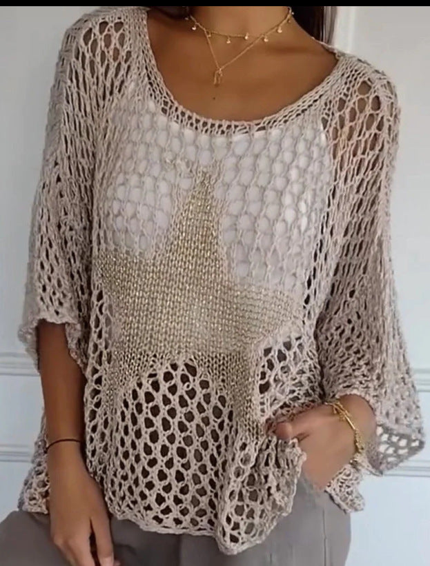 Damen nan oversized gehäkelter Pullover mit Sternapplikation und 3/4-Ärmeln EB