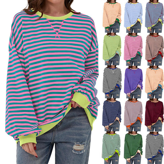 Damen lässiger Oversized Sweatshirt mit bunten Streifen und Kapuzenkordel EB