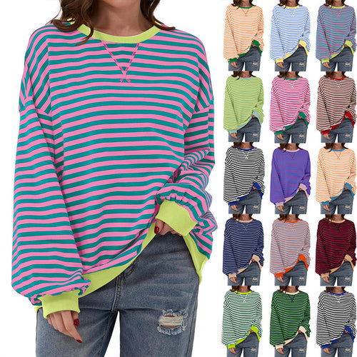 Damen lässiger Oversized Sweatshirt mit bunten Streifen und Kapuzenkordel EB