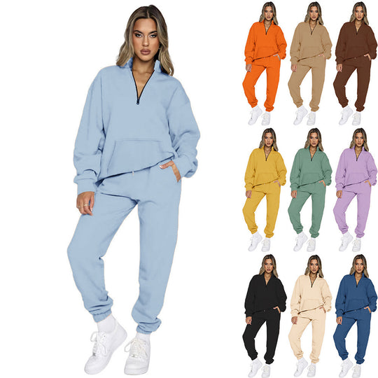 Damen nan French‑Terry Relax‑Loungewear‑Set mit halbem Reißverschluss, Kängurutasche und taillierter, schmal zulaufender Jogginghose EB